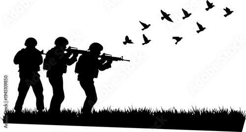 Silhouette Illustration of Three Armed Soldiers Military Team Black and White Graphic