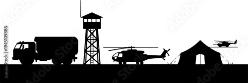 Military vehicles and structures including truck, helicopter, tank, watchtower, and tent in black silhouette design
