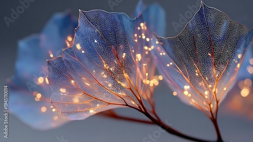 Dried leaf skeleton closeup with intricate structure and warm light illustrator