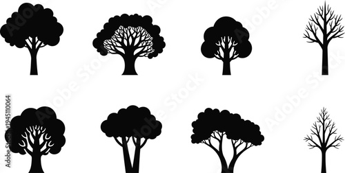 Collection of eight different tree silhouettes in black on white background