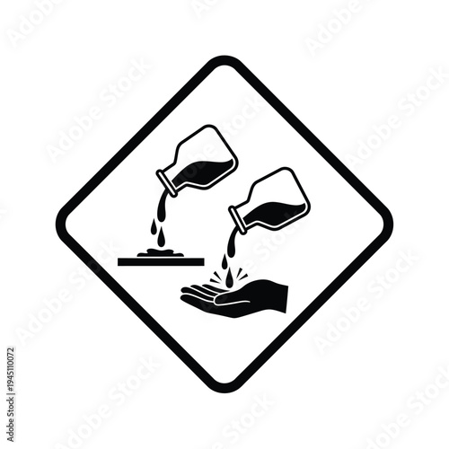 Hazard symbol indicating corrosive substances that can damage materials and skin displayed on a white background