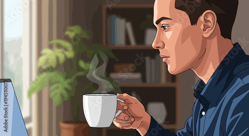 Profile view of a man drinking coffee while working near a window