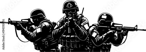 Silhouette Illustration of Three Armed Soldiers Military Team Black and White Graphic