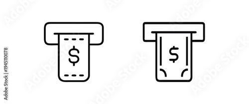ATM cash machine outline icon featuring money withdrawal slot, dollar bill transaction, bank financial service, electronic payment system more vector illustration or editable stroke.
