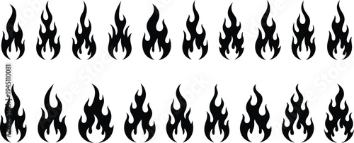 A collection of black flame icons on a white background