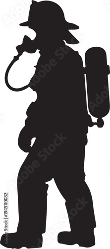 Black silhouette of a man wearing a hat with a gas mask and cylinder