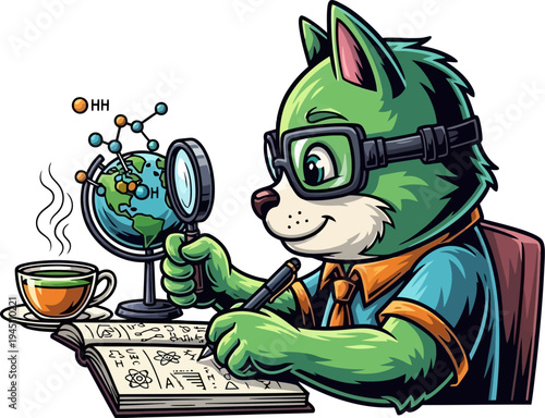 Researching green animal character studying science and geography
