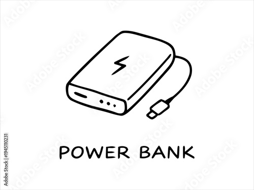 Portable Power Bank with Lightning Bolt Icon and USB Cable - Simple Line Art