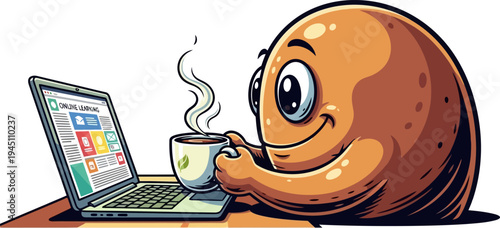 Round character learning online with laptop and coffee