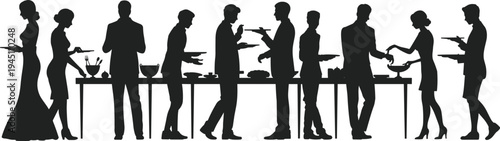 Silhouettes of people serving and eating at a buffet table at a formal event food