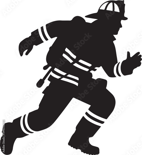 Black silhouette of a running fireman in uniform firefighter