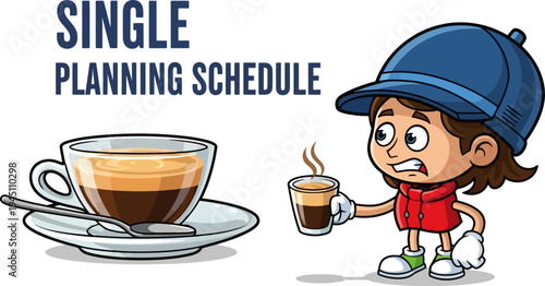 Small cartoon person holding an espresso cup next to a giant coffee mug