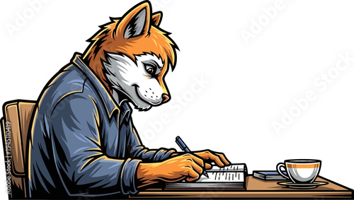 Sophisticated wolf character writing in a journal at a desk with coffee