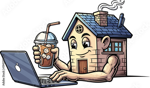 Strong house mascot character working on a laptop while holding an iced drink