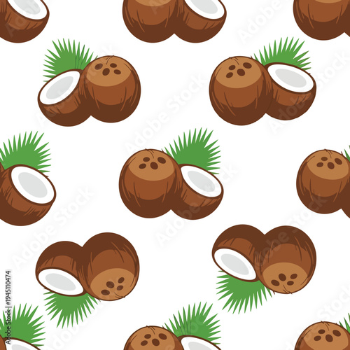 Seamless pattern of brown coconuts halved with green palm fronds on white