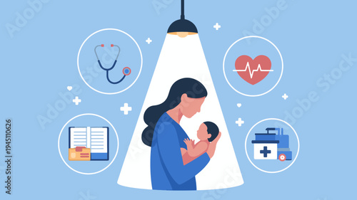 Nursing mother holding baby healthcare icons around symbolizing medical care and wellness services for new parents and infants