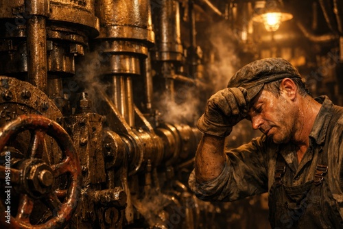 Wallpaper Mural Industrial worker in protective gear operating heavy machinery in dimly lit factory with steam and metal tools Torontodigital.ca