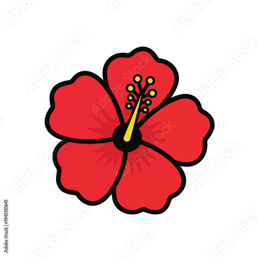 A simplified, bold red hibiscus flower with prominent yellow stamens and pistil