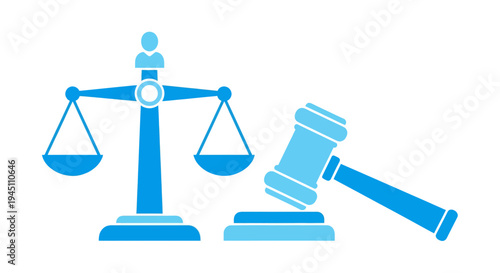 A blue vector graphic illustration of a scale of justice and a gavel on a white background representing law and order