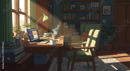 Sunlit cozy home office desk with laptop and steaming coffee
