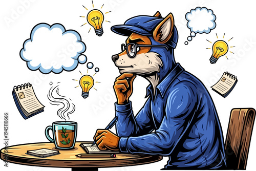 Thoughtful fox character brainstorming ideas with lightbulbs