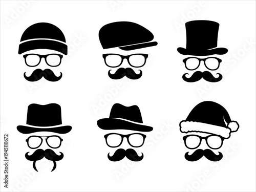 Variety of trendy gentlemen's faces with iconic hats, eyeglasses, and moustaches