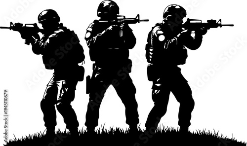 silhouette of three soldiers with a rifle