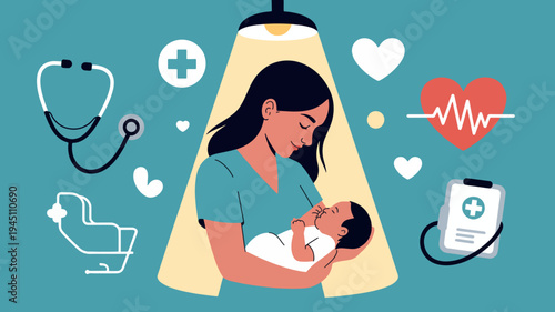 Nurse holding newborn baby with medical icons and heart rate symbol around them on blue background