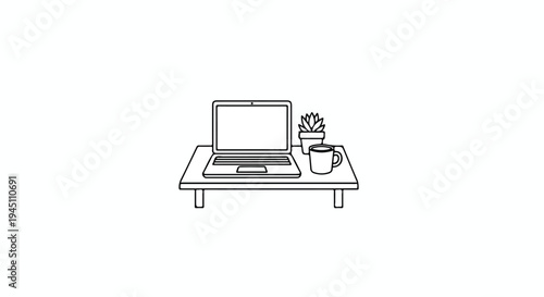 Minimalist line art illustration of a workspace with laptop, coffee mug, and potted plant