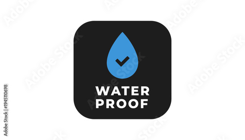 Waterproof icon with blue water droplet and checkmark on black background