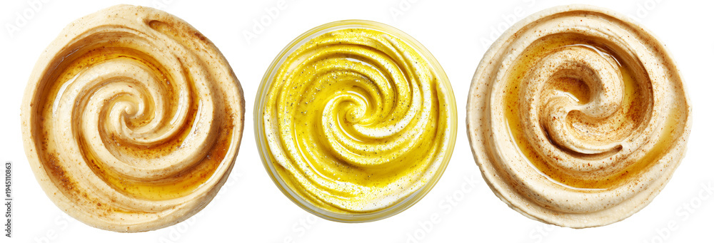 Fototapeta premium Set of Swirled creamy hummus and tahini dip with lemon and garlic with golden olive oil drizzled isolated on white background