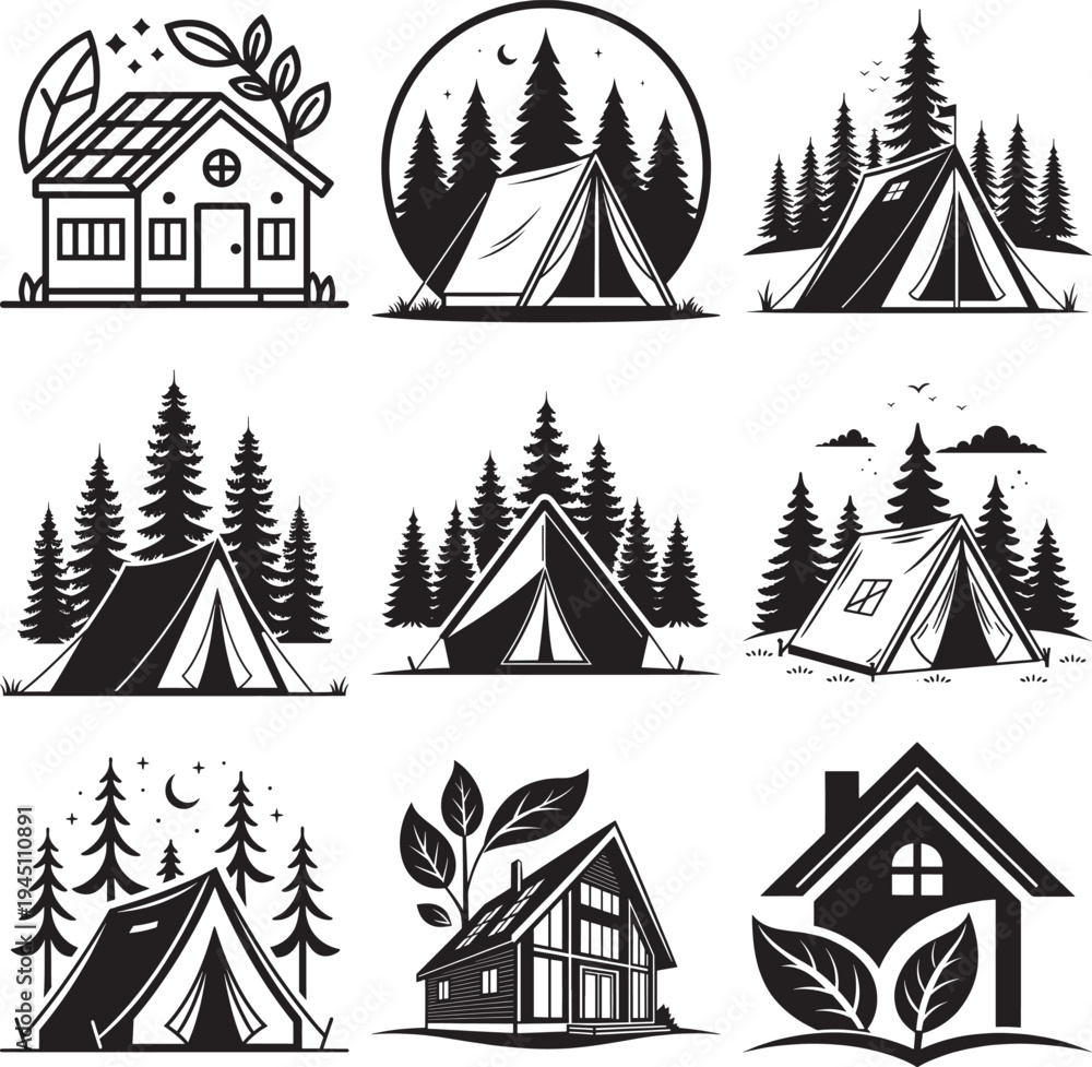 Fototapeta premium Black and white of camping tents and houses with leaves msea set forest trees nature outdoor