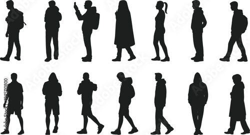 Silhouettes of young adults and teenagers in casual clothing and hoodies on white background people