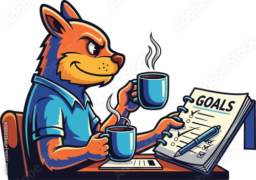 Wolf character checking off goals with coffee