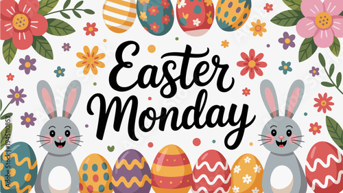 Easter monday celebration with colorful eggs bunnies and flowers on white background