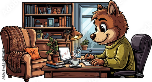 Wolf character in sweater writing in journal at desk