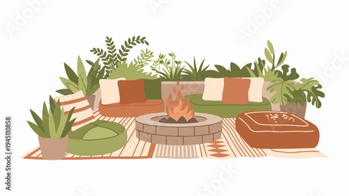 Cozy outdoor patio with fire pit comfortable seating and lush greenery at dusk