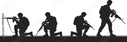 Soldiers in Silhouette with Rifles in Combat Poses on Grassy Ground military army