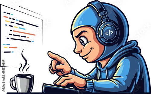 Young coder in blue hoodie programming with headphones