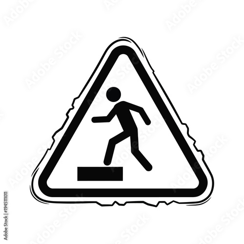 Black silhouette of a person stepping up onto a block within a triangular warning sign