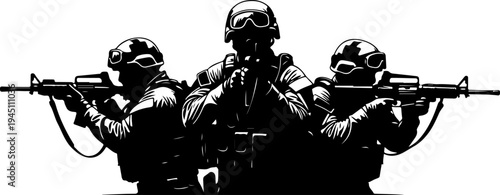 silhouette of three soldiers with a rifle