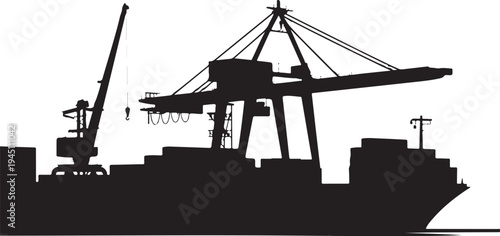 Black silhouette of cargo ship with cranes and containers