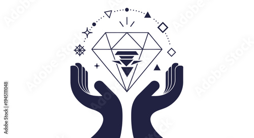 Two hands holding a sparkling diamond with celestial icons above it representing high value protection and careful handling of precious jewels.
