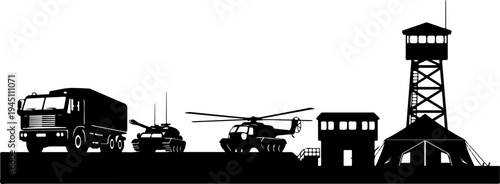 Military vehicles and structures including truck, helicopter, tank, watchtower, and tent in black silhouette design