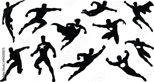Superhero Silhouettes in Flying Poses superheroes action