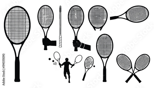 Tennis racket vector silhouettes with a player in action on a court