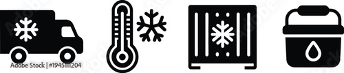 Refrigeration icon set including truck, thermometer and fridge silhouette illustrations