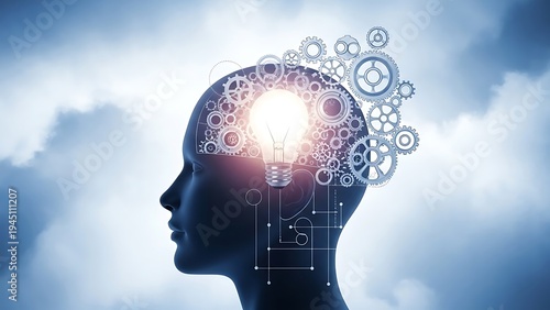 Human Head with Gears and Light Bulb Concept.
