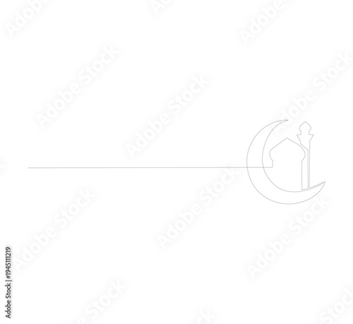 Ilustrasi Bulan Sabit dan Masjid dengan Gambar Garis Tunggal Berkesinambungan, Seni Garis Islami Minimalis untuk Kartu Ucapan Ramadan Kareem, Desain Eid Mubarak, Seni Doodle Vektor Religius