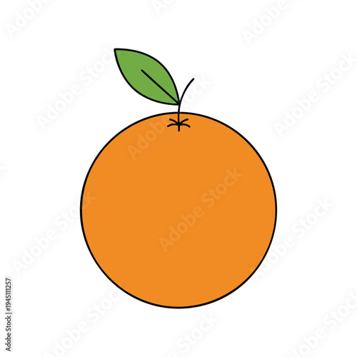 A simple illustration of an orange with a green leaf and stem